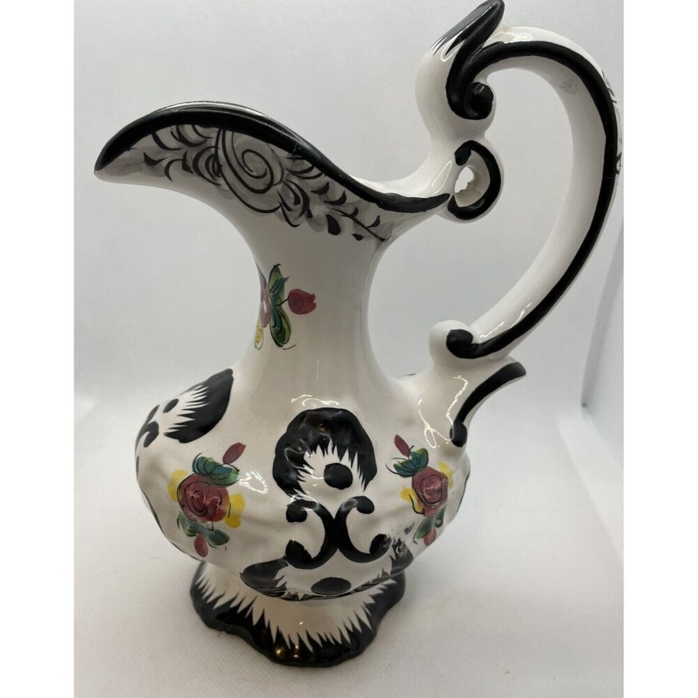Vestal Alcobaca Handpainted Black White Floral Pitcher Made In Portugal #1036